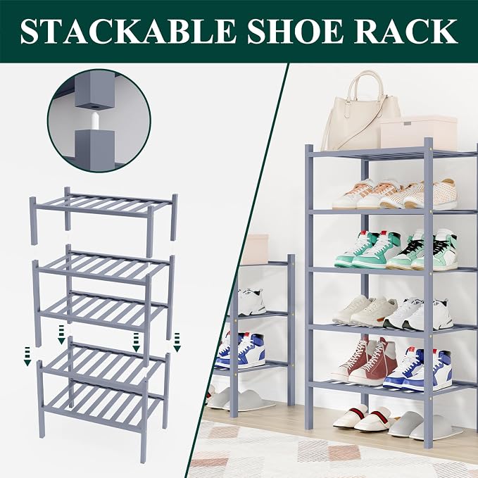 Smiry Bamboo Shoe Rack for Closet, 3 Tier Long Wooden Stackable Shoe Organizer - Image 6
