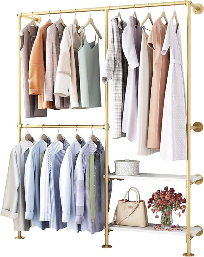 Gold Pipe Clothes Racks with White Shelves, Industrial Pipe Gold Clothing Rack - Image 7
