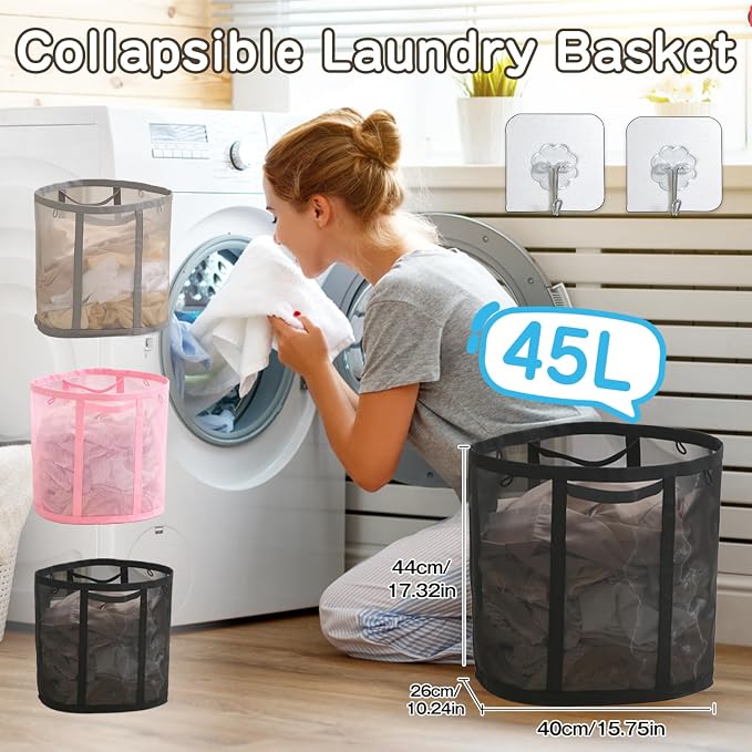 Collapsible Laundry Basket, Mesh Bag - Image 2