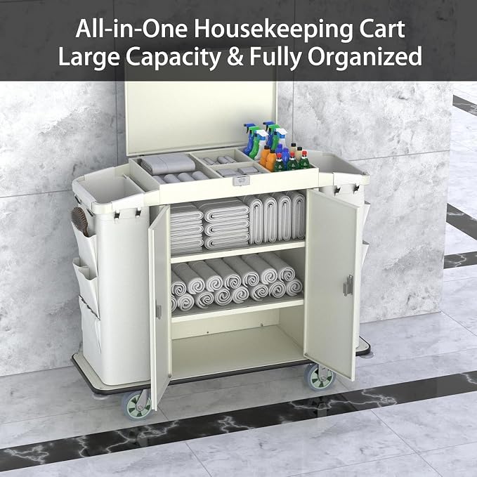 Heavy Duty Metal Housekeeping Janitorial Cart, Silent Casters, Locking Large - Image 4