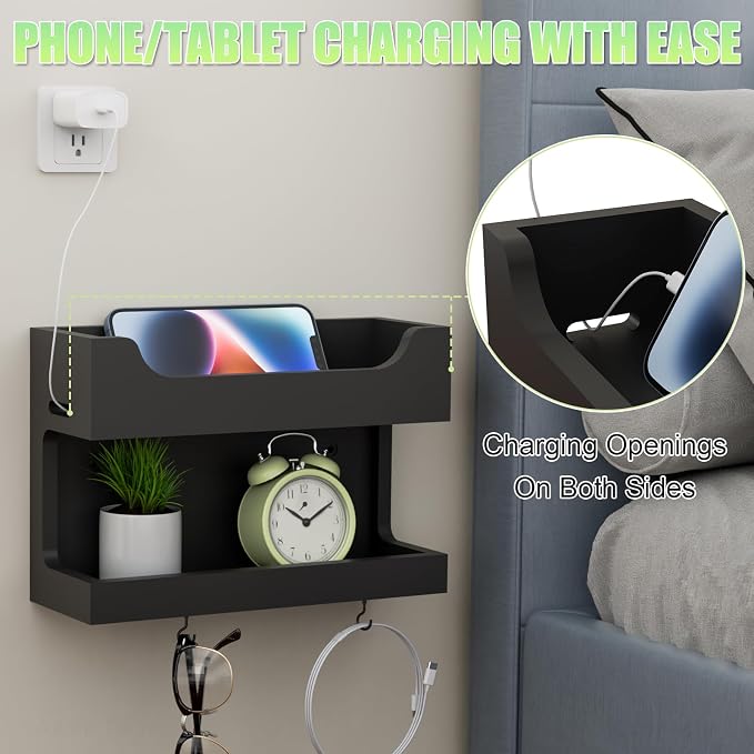 NiHome Wall Mounted Wooden Bedside Accessories Organizer, Double Tray Bedside - Image 3