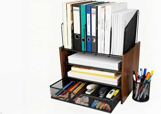 4-Tier Wood & Metal Desk Organizer – Vertical File Tray, Pen Holder & Drawer | by Unknown
