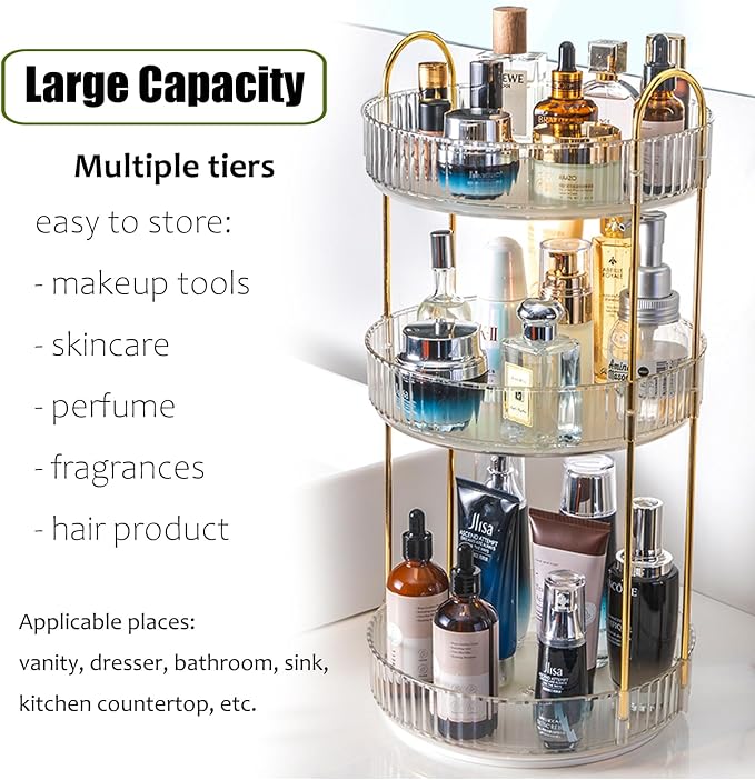 Rotating Makeup Organizer Countertop 3 Tier Lazy Susan Trays Clear Skincare - Image 4