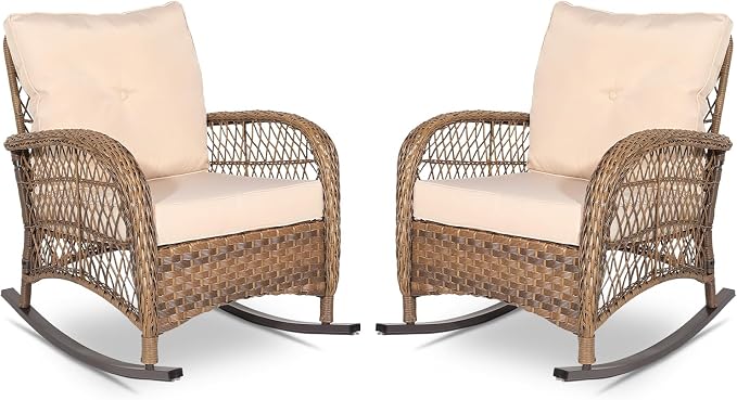 VIVIJASON 2 Piece Patio Wicker Rattan Rocker Chair, Outdoor Rattan Rocker Chair by VIVIJASON