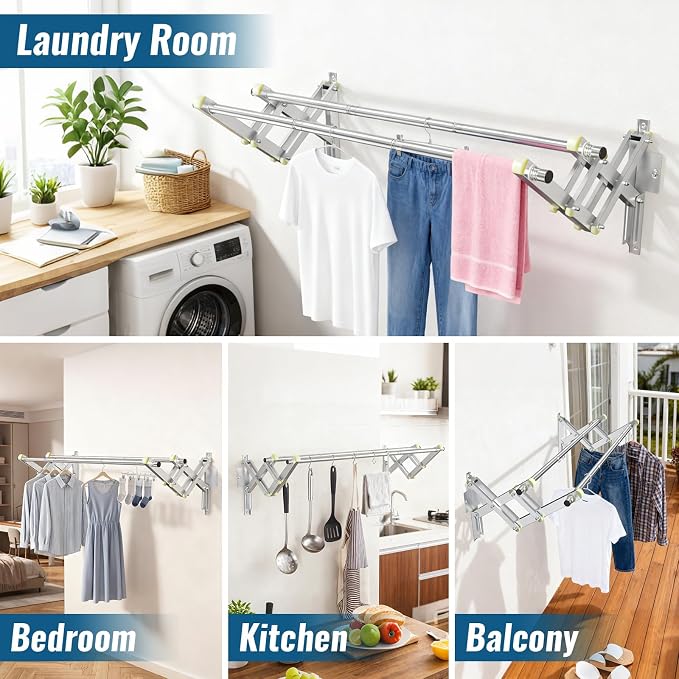Foldable Wall Mounted Clothes Rack-Double 44'' Long Rod&2 Bases, Stainless Steel - Image 2