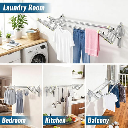 Foldable Wall Mounted Clothes Rack-Double 44'' Long Rod&2 Bases, Stainless Steel - Image 2