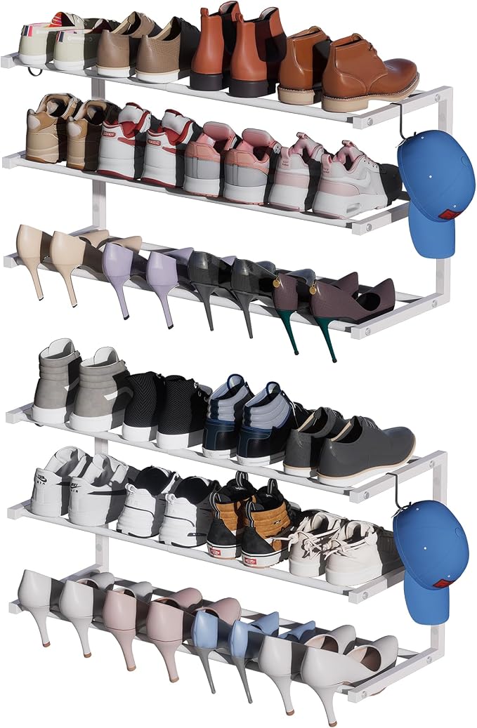 2 Pack Wall Mounted Shoe Rack, 3 Tier Hanging Shoe Rack Holds 24 Pairs by HomeOrganizerandStorage