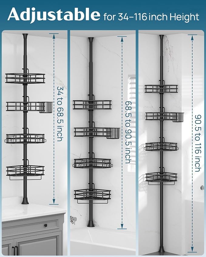 SEIRIONE Corner Shower Caddy Tension Pole, Quick Setup, Rust-Free Bathroom - Image 2