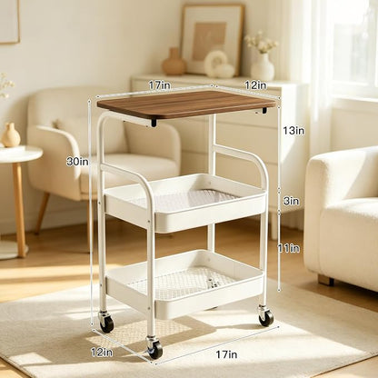 3 Tier Rolling Cart with Walnut Table Top, Sturdy Metal Storage Cart with - Image 2