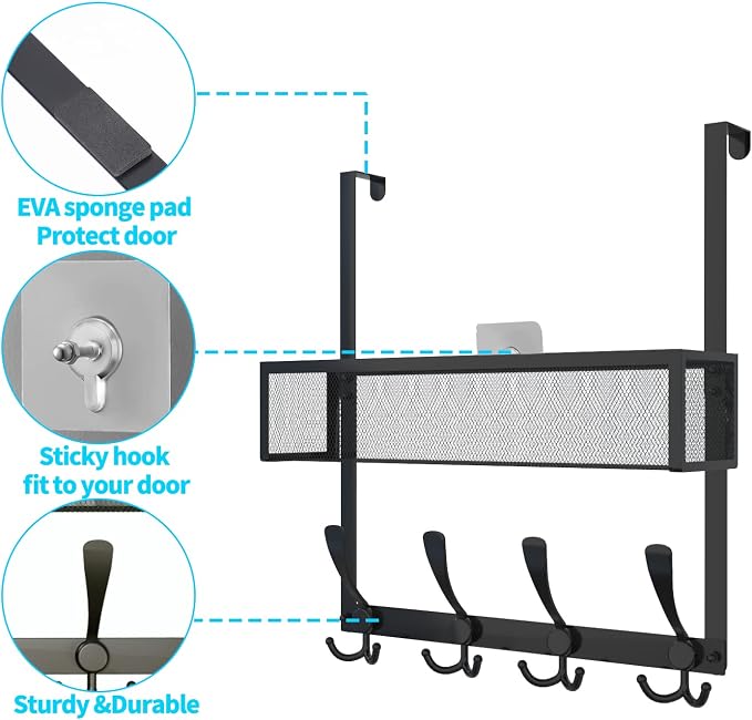 Kaiferty Over The Door Hooks Organizer, Over Door Hanger Towel Rack Mesh Basket - Image 5