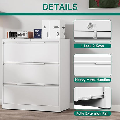 Filing Cabinet with Lock, Lateral File Cabinets 3 Drawer Metal Wide Filing - Image 5