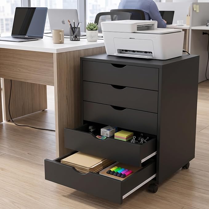 5 Drawer File Cabinet with Wheels, Under Desk Storage Drawers, Office - Image 2
