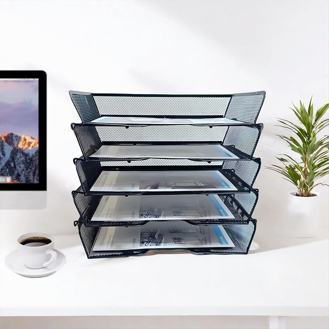 5 Tier Metal Mesh Desk Organizer-Stackable Letter Trays - Image 4