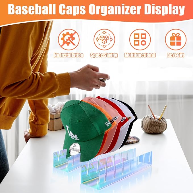 Hat Stand for Baseball Caps, 2 Pack No Install Acrylic Hat Organizer for 14 - Image 5