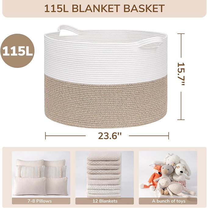 INDRESSME 115L Extra Large Blanket Basket, Soft Cotton Rope Storage Baskets - Image 2