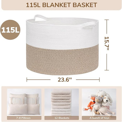 INDRESSME 115L Extra Large Blanket Basket, Soft Cotton Rope Storage Baskets - Image 2