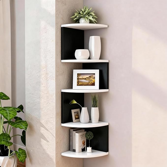 No-Drill Corner Shelf Wall Mount, 5-Tier Floating Corner Bookshelf by Frawenleco