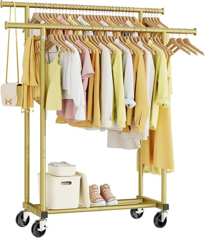 HYSEYY Double Rods Clothes Rack, Sturdy Rolling Clothing Rack, Portable by HYSEYY