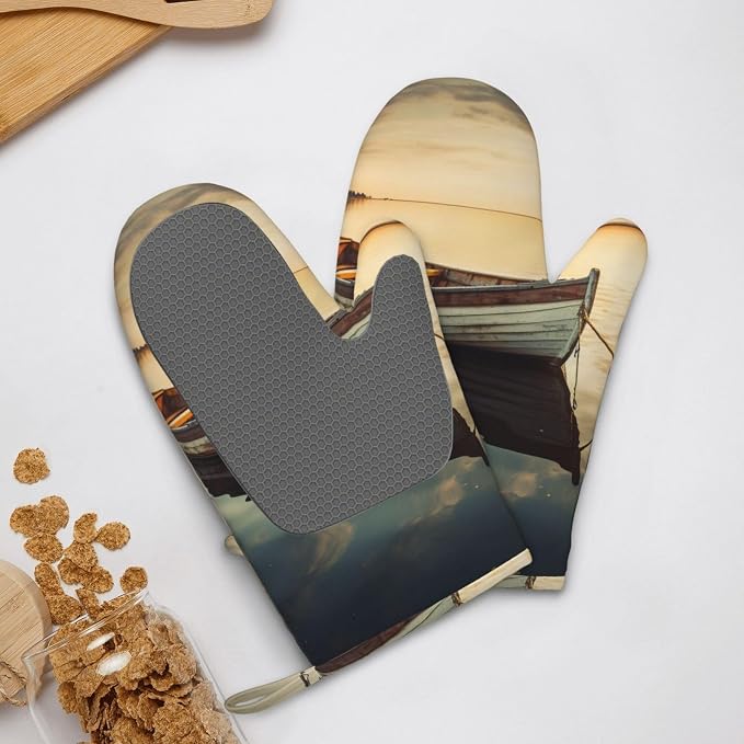 Small Boat on The Water Print Oven Mitts Set of 2, Heat Resistant Silicone Oven - Image 9