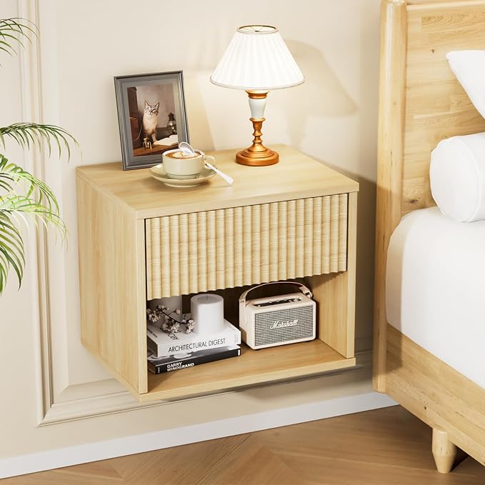 VINGLI Floating Nightstand Fluted Night Stand 1 Drawer Bed Side Table, Storage by VINGLI