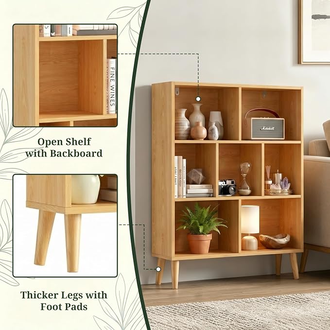 7 Cube Bookshelf, 3 Tier Mid-Century Modern Bookcase - Image 4