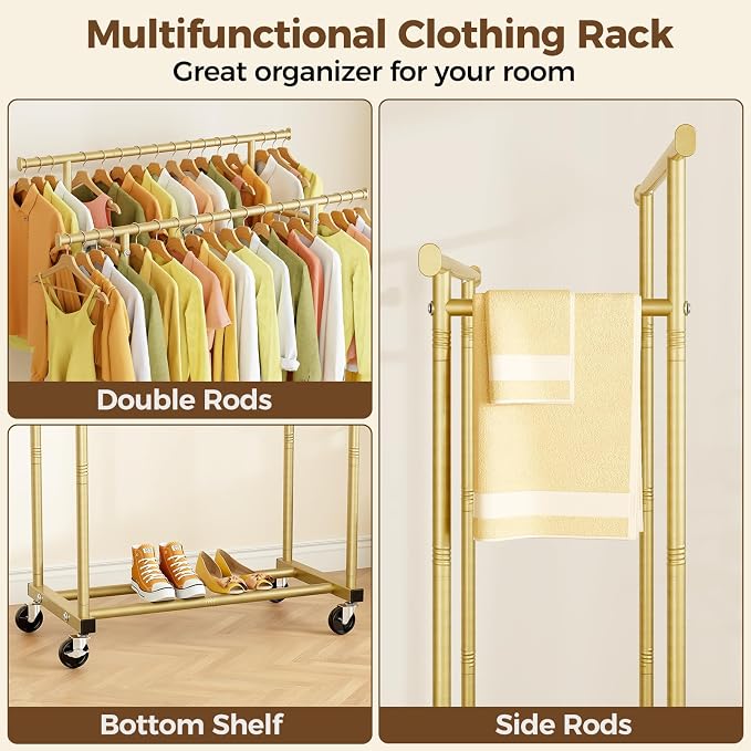 HYSEYY Double Rods Clothes Rack, Sturdy Rolling Clothing Rack, Portable - Image 5