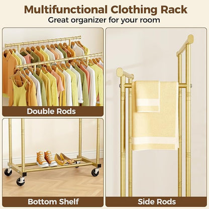HYSEYY Double Rods Clothes Rack, Sturdy Rolling Clothing Rack, Portable - Image 5