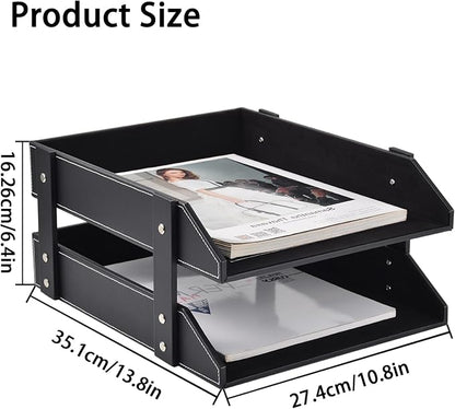 Leather Desk Organizer, 2-Tier Stackable Letter Tray Holder, Office Supplies - Image 3