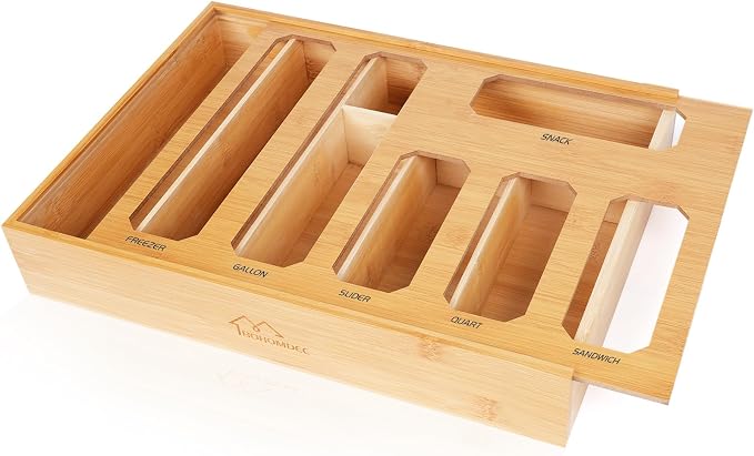 Bamboo Ziplock Bag Organizer for Kitchen Drawer & Wall Mount, Food Storage by BOHOMDEC