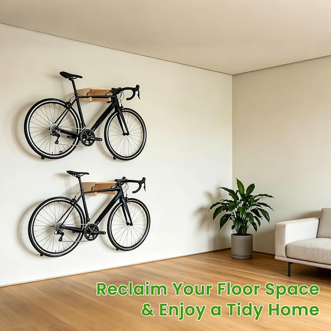 Wooden Bike Wall Mount w/Shelf & Hooks, Road Bike Storage Decor | Solid Wood - Image 7