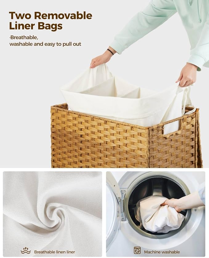 Greenstell Laundry Hamper with Wheels&Lid, 130L Large 3 Sections Clothes Hamper - Image 4
