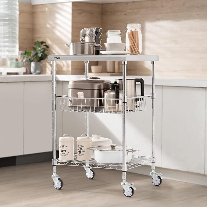 VEVOR Kitchen Utility Cart, 36.6"x20"x24" 3 Tiers Wire Rolling Cart, 470LBS - Image 8