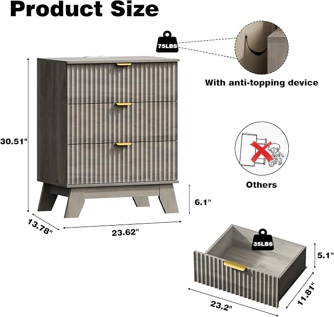 Fluted Nightstand with Charging Station, Modern Wood Side Table Night Stand - Image 2