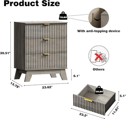 Fluted Nightstand with Charging Station, Modern Wood Side Table Night Stand - Image 2