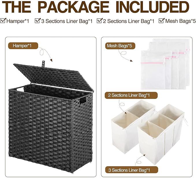 Greenstell Laundry Hamper with Lid, 125L Large Clothes Hamper with 3 Section & - Image 7