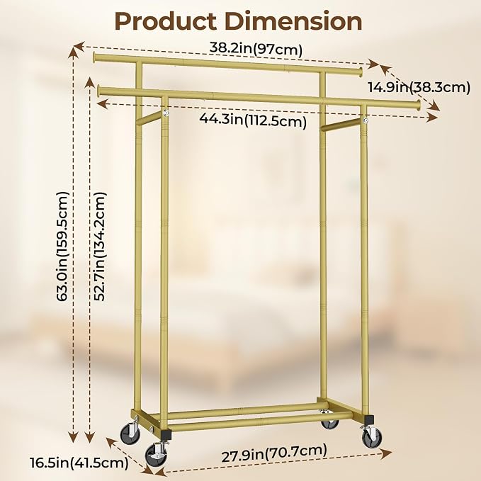 HYSEYY Double Rods Clothes Rack, Sturdy Rolling Clothing Rack, Portable - Image 5
