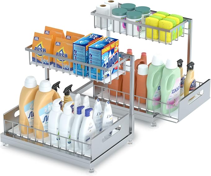 2 Pack Under Sink Organizer Storage 2-Tier Premium Metal Pull-Out Racks by Saydear