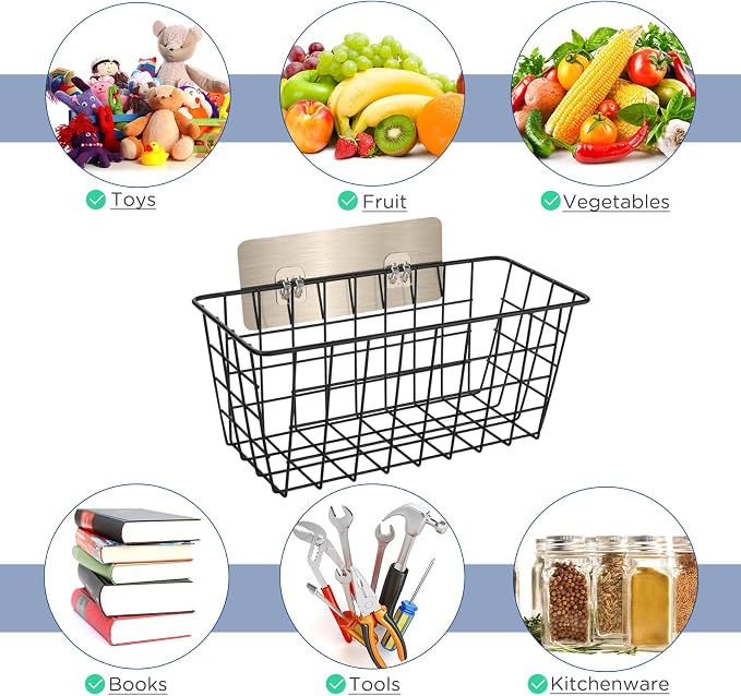 2 Pack Hanging Wall Basket Wire Storage Baskets, Adhesive Basket - Image 3