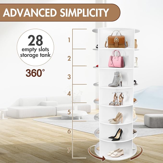 7-Tier Rotating Shoe Rack Tower, 28 Slots, 360° Revolving Storage | 23.6 in - Image 3
