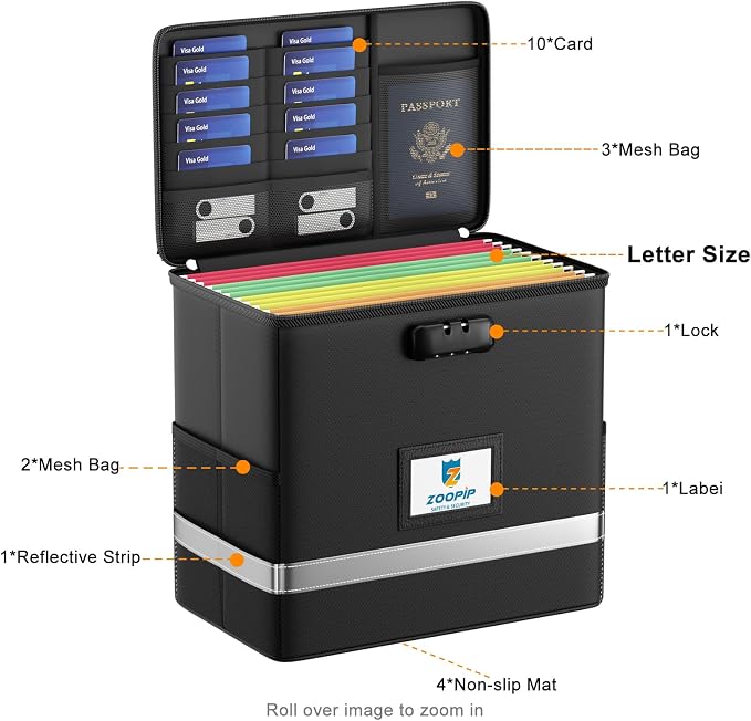 Fireproof File Box with Lock, Collapsible Document Organizer, Reflective Strip - Image 3