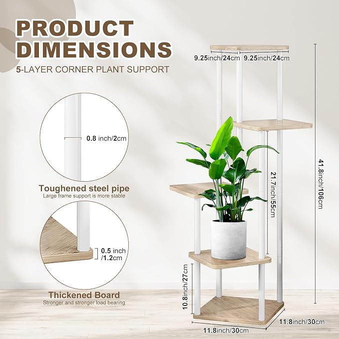 5 Tier Plant Stand Indoor, Thickened Metal Wood Corner Plant Shelf Stands - Image 2