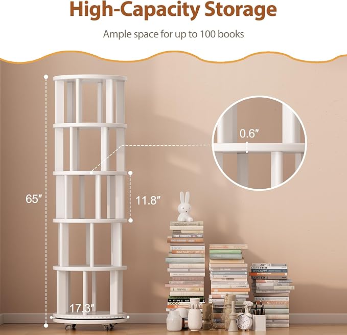 Solid Wood Rotating Bookshelf on Wheels, 5 Tier, Round Revolving Bookcase - Image 2