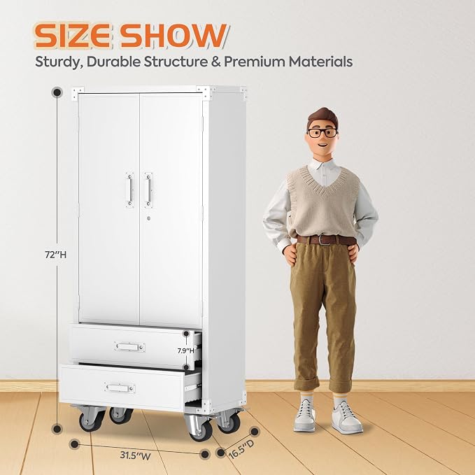 Metal Storage Cabinet with 2 Drawers, Garage Tool Cabinet on Wheels - Image 3
