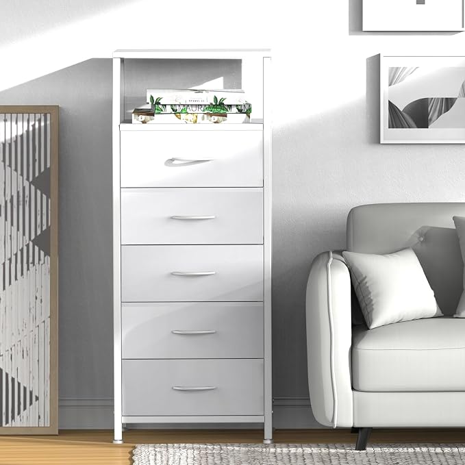 5 Drawers White Tall Fabric Dresser - Image 4