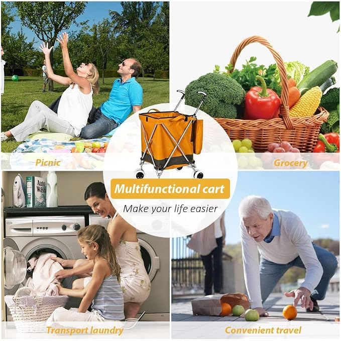 Folding Shopping Cart for Groceries, Water-Resistant Heavy-Duty Canvas Trolley - Image 6