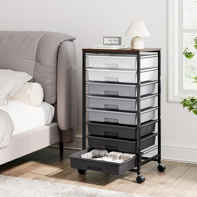 Rolling Storage Cart with 8 Drawers, Utility Cart on Wheels with Wooden Tabletop - Image 7
