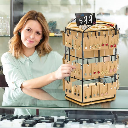Rotating Earring Display Stand for Vendors, 48 Hooks Hexagon Bamboo Jewelry - Image 6