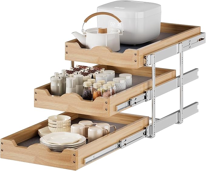 DINDON 3 Tier Pull Out Cabinet Organizer 14”W X21”D Slide Out Shelves by DINDON