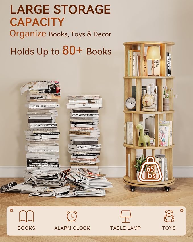 IUNVR Rotating Bookshelf, 4 Tier Solid Wood Bookshelf Tower - Image 3