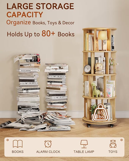 IUNVR Rotating Bookshelf, 4 Tier Solid Wood Bookshelf Tower - Image 3